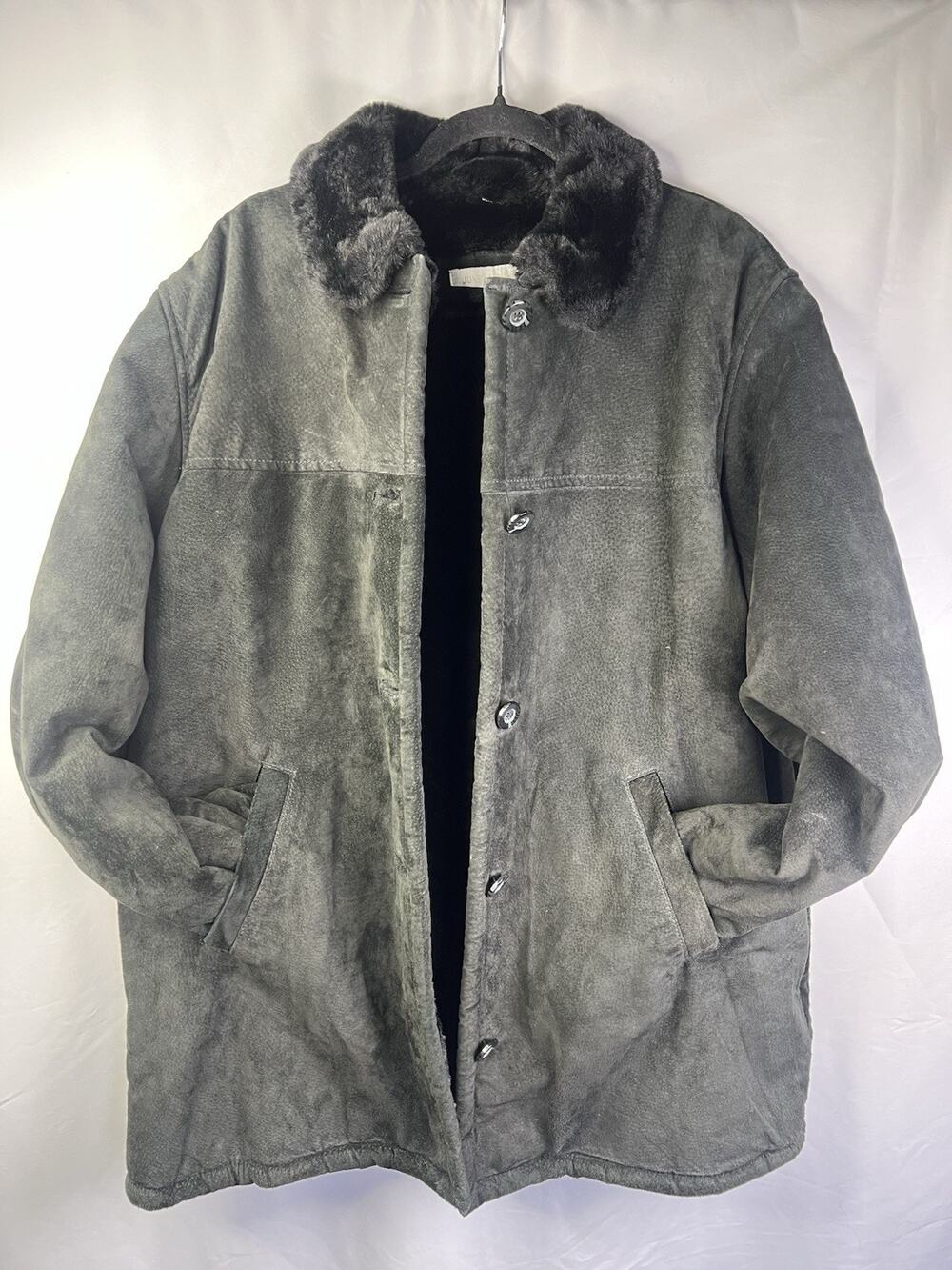 Vtg Jones New York Sport Black Suede Faux Fur Lined Coat Sz Large Pockets